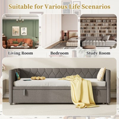 Grey upholstered HOMCOM daybed with pull-out trundle and USB charging station, featuring linen fabric and sofa bed design.