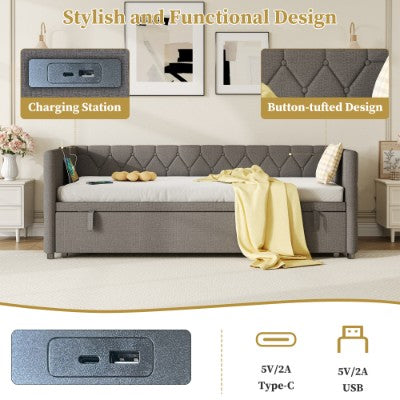 Grey linen upholstered daybed with pull-out trundle and built-in USB charging station, designed by HOMCOM for versatile sleeping space.