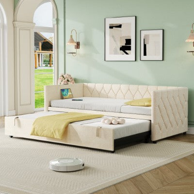 Grey linen upholstered daybed with pull-out trundle and built-in USB charging station, stylish sofa bed by HOMCOM.