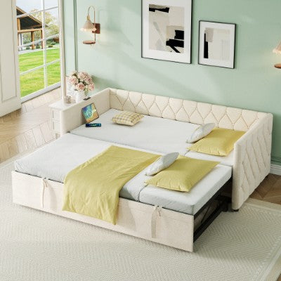 Grey upholstered HOMCOM daybed with pull-out trundle and USB charging station, featuring linen fabric and sofa bed design.