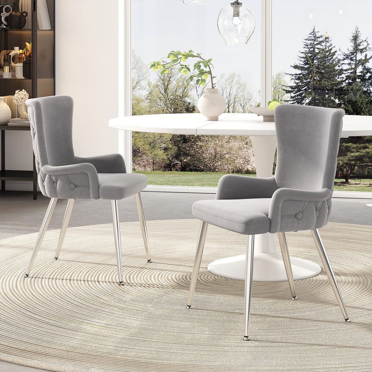 Set of 2 grey velvet dining chairs by HOMCOM with silver metal legs, ideal for living room or bedroom lounge seating.