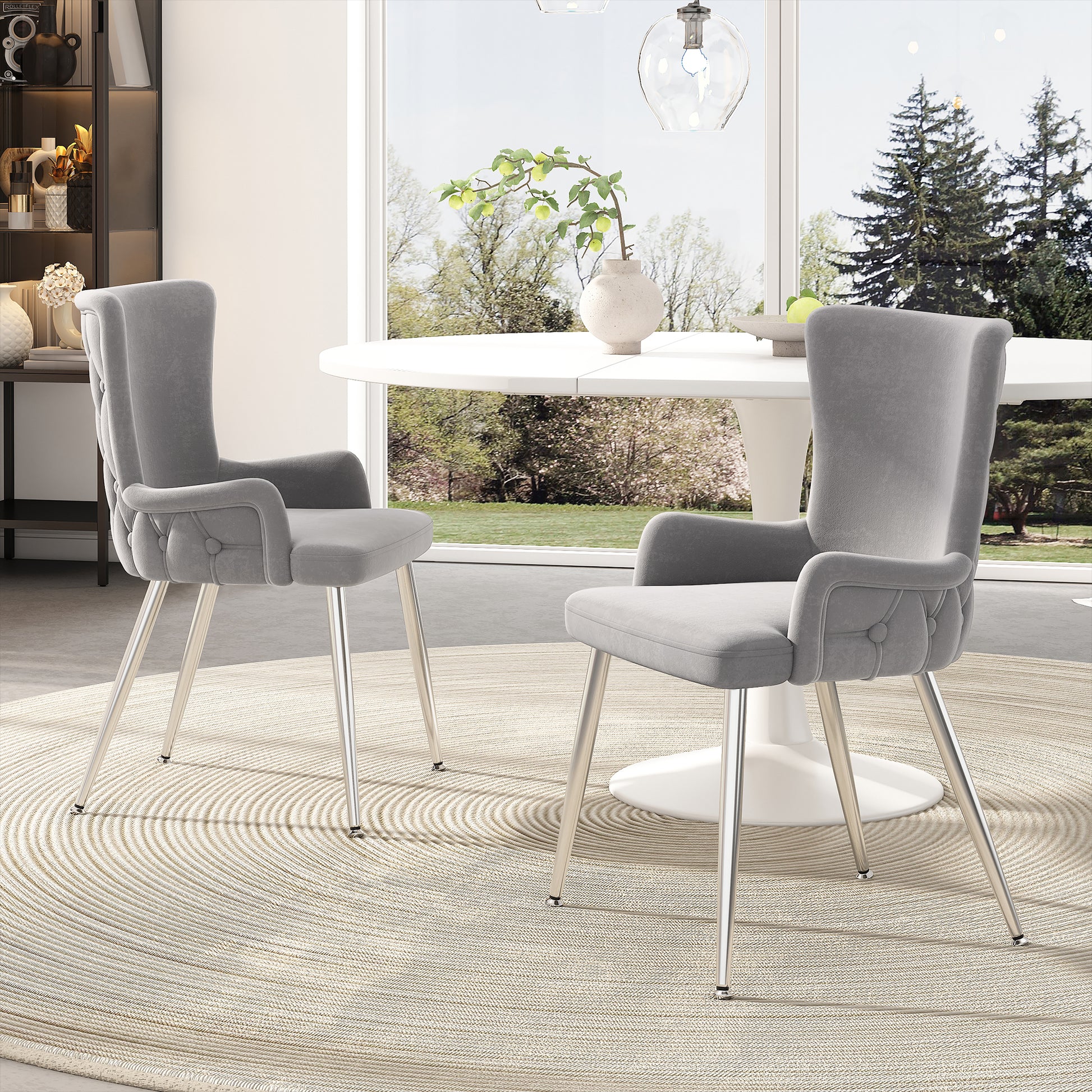 Set of 2 grey velvet dining chairs by HOMCOM with silver metal legs, ideal for living room or bedroom lounge seating.