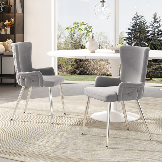 Set of 2 grey velvet dining chairs by HOMCOM with silver metal legs, ideal for living room or bedroom lounge seating.