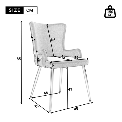 Set of 2 grey velvet dining chairs by HOMCOM with silver metal legs, ideal for living room or bedroom lounge area.
