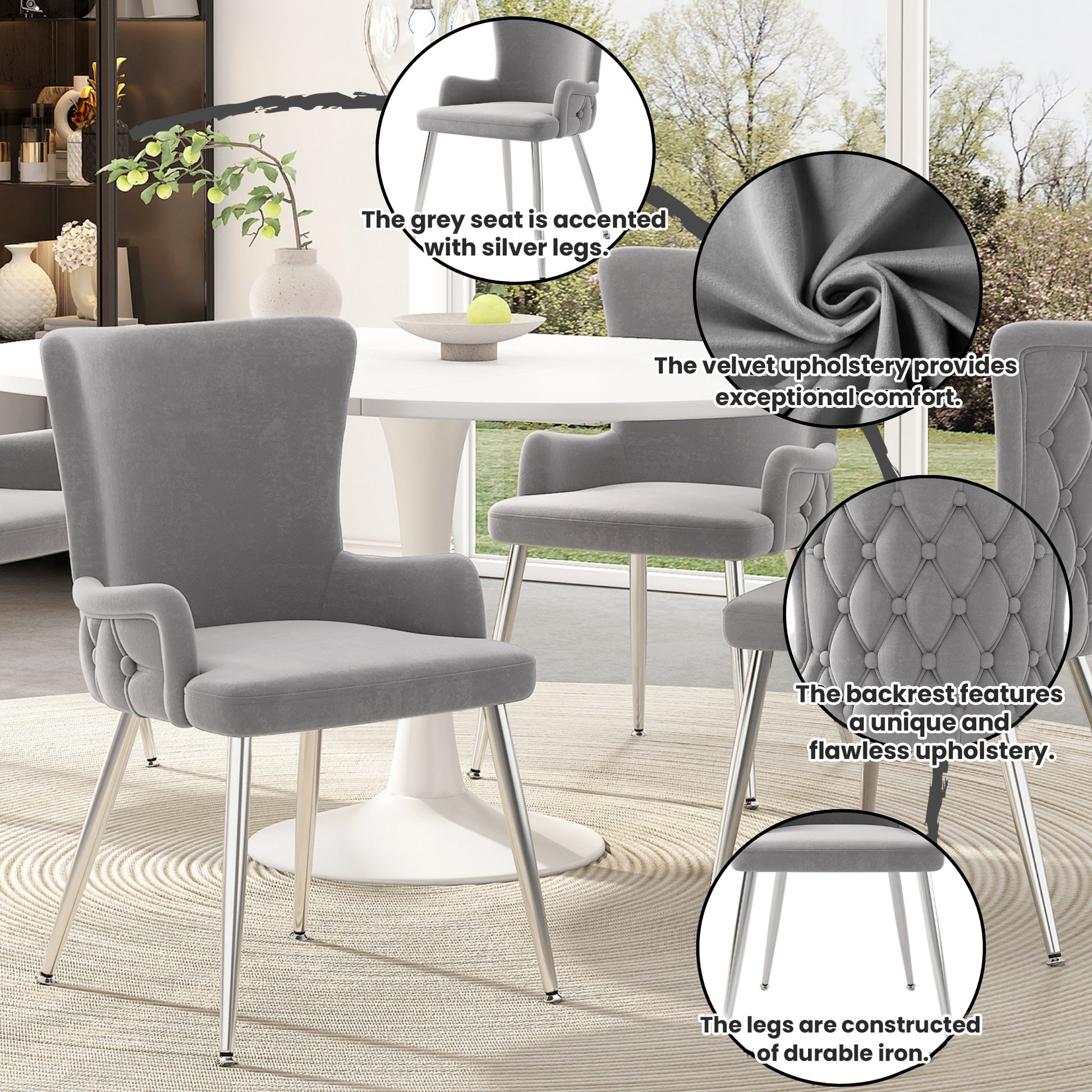 Set of 2 grey velvet dining chairs by HOMCOM with silver metal legs, perfect for living room or bedroom lounge seating.