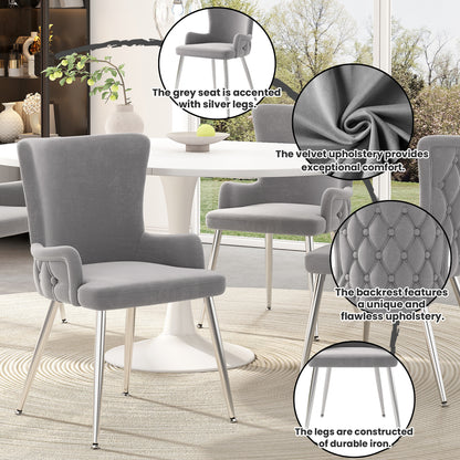 Set of 2 grey velvet dining chairs by HOMCOM with silver metal legs, perfect for living room or bedroom lounge seating.