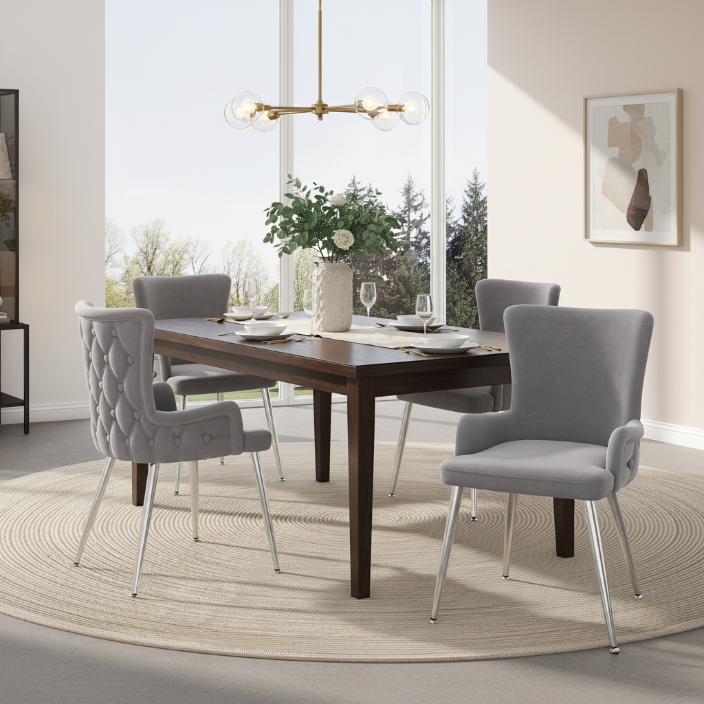 Set of 2 grey velvet HOMCOM dining chairs with silver metal legs, luxurious living room or bedroom lounge seating.