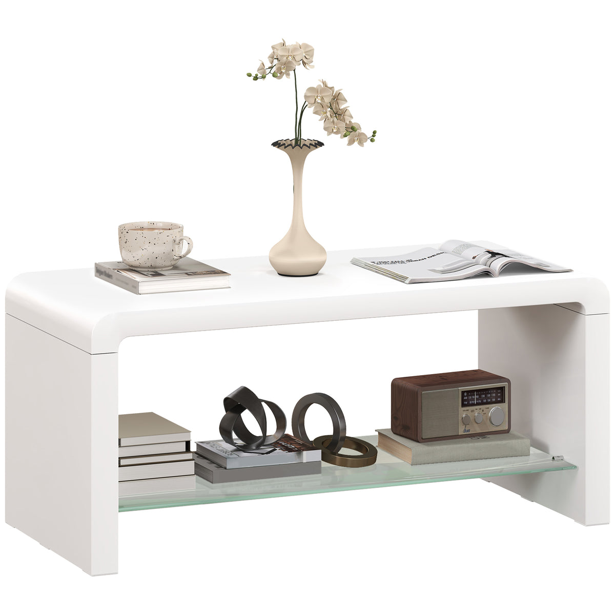 High gloss white curved two-tier coffee table by HOMCOM with sleek modern design and smooth finish.
