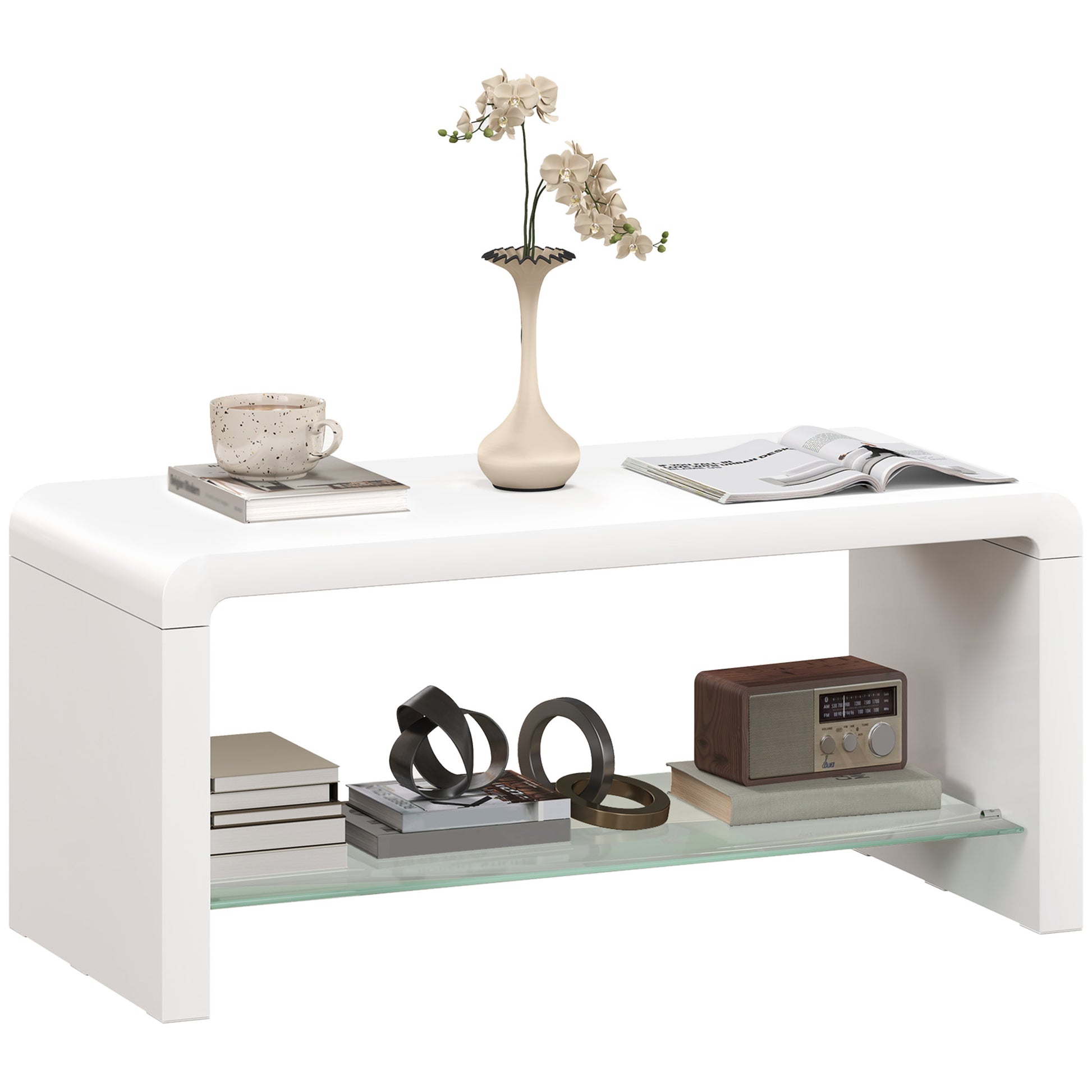 High gloss white curved two-tier coffee table by HOMCOM with sleek modern design and smooth finish.