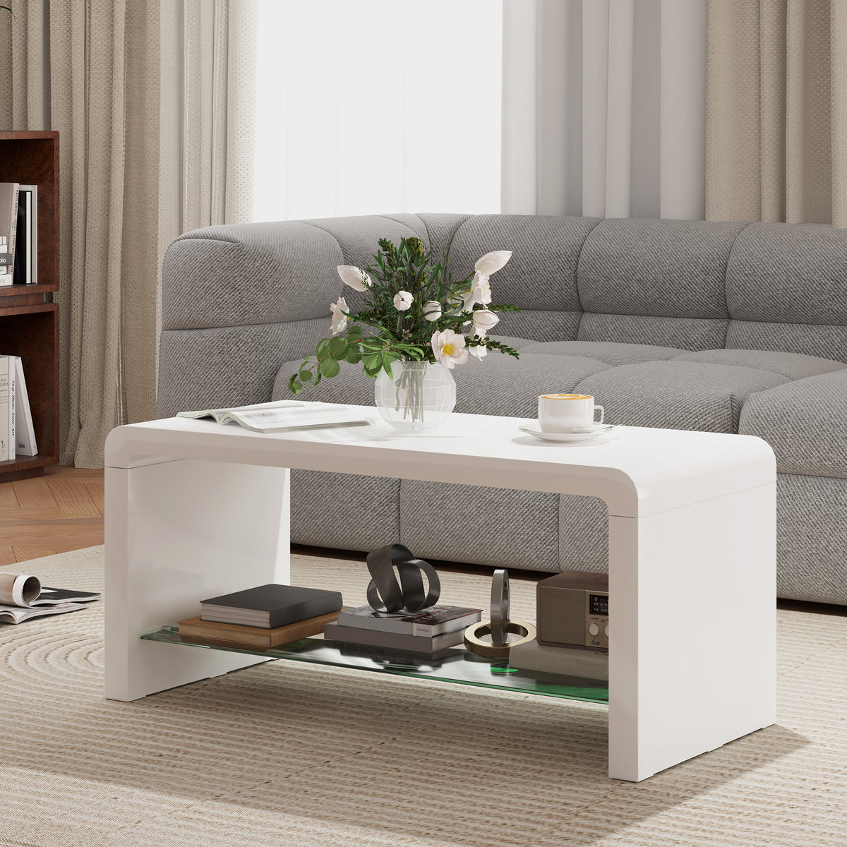 High gloss white curved two-tier coffee table by HOMCOM with sleek modern design and smooth curved edges.