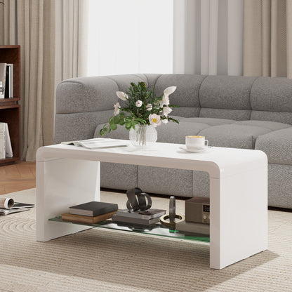 High gloss white curved two-tier coffee table by HOMCOM with sleek modern design and smooth curved edges.