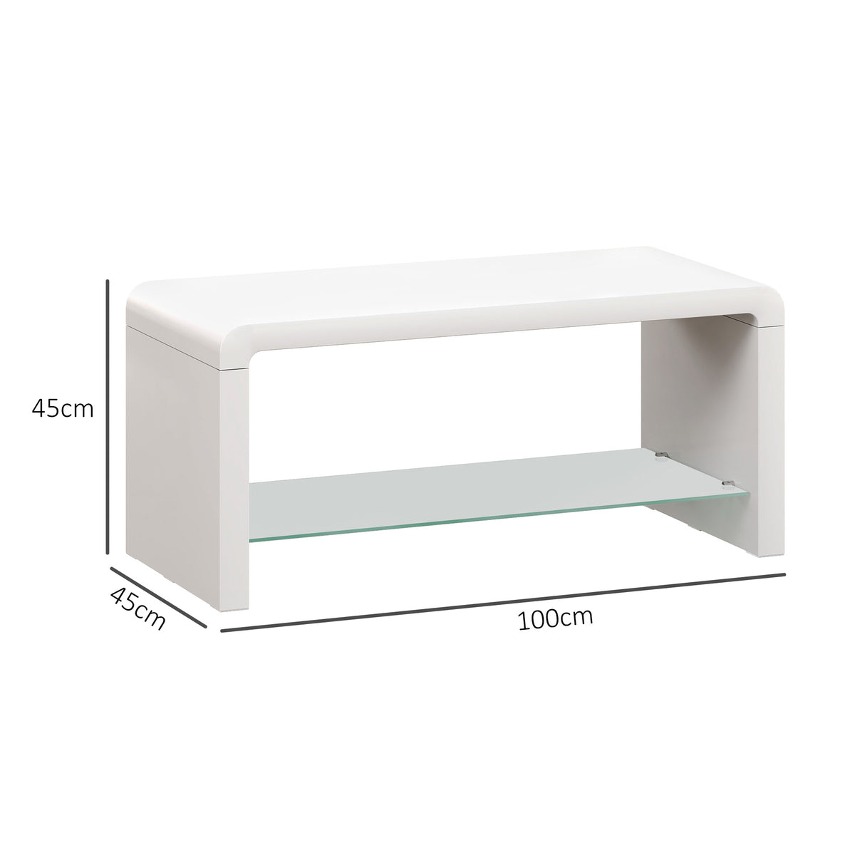 High gloss white HOMCOM curved two-tier coffee table with sleek, modern design and smooth finish.