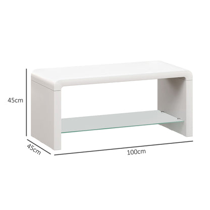 High gloss white HOMCOM curved two-tier coffee table with sleek, modern design and smooth finish.