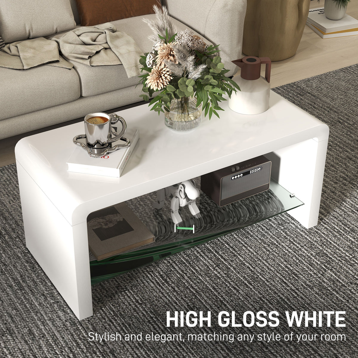 High gloss white curved two-tier coffee table by HOMCOM with sleek modern design and smooth surface.