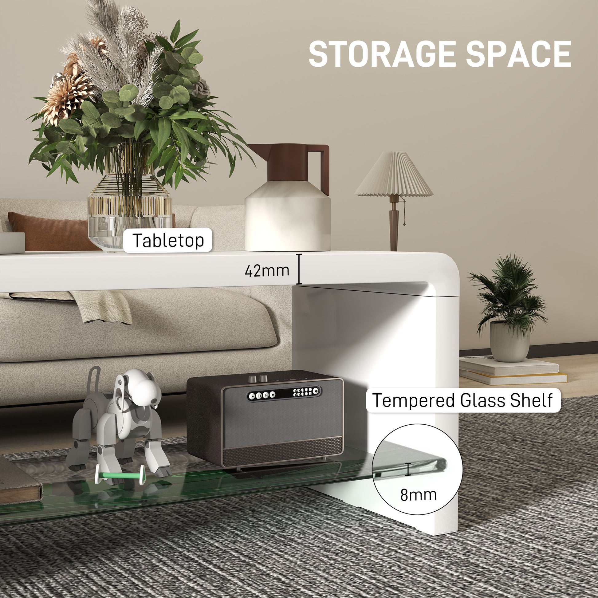 High gloss white curved two-tier coffee table by HOMCOM, featuring a sleek modern design with smooth glossy finish.