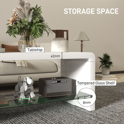 High gloss white curved two-tier coffee table by HOMCOM, featuring a sleek modern design with smooth glossy finish.