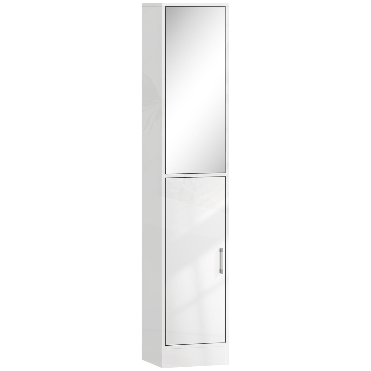 HOMCOM Kleankin tall bathroom cabinet in high gloss white with mirror and adjustable shelf for bathroom storage.