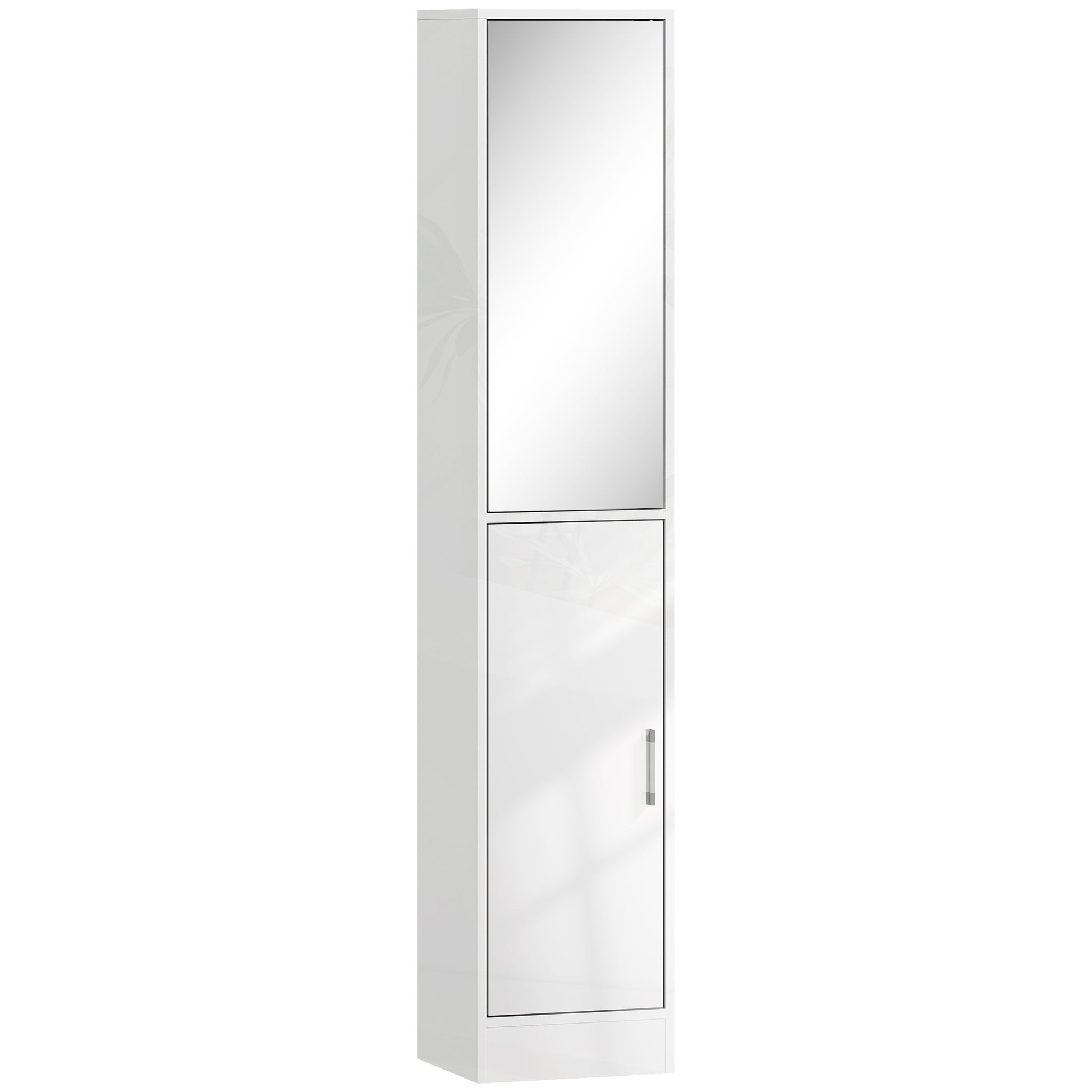 HOMCOM Kleankin tall bathroom cabinet in high gloss white with mirror and adjustable shelf for bathroom storage.