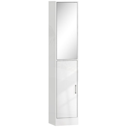 HOMCOM Kleankin tall bathroom cabinet in high gloss white with mirror and adjustable shelf for bathroom storage.