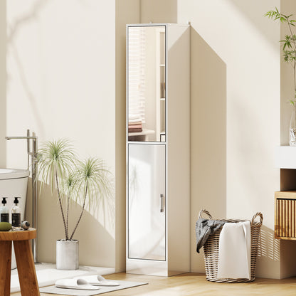 HOMCOM Kleankin tall bathroom cabinet with mirror and adjustable shelf in high gloss white, ideal for bathroom storage.
