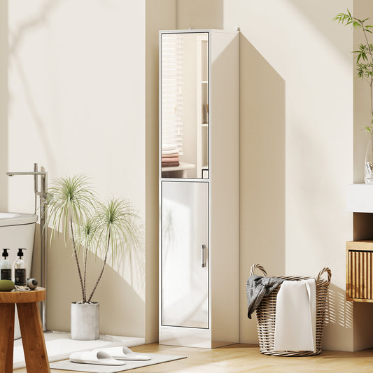 HOMCOM Kleankin tall bathroom cabinet with mirror and adjustable shelf in high gloss white, ideal for bathroom storage.
