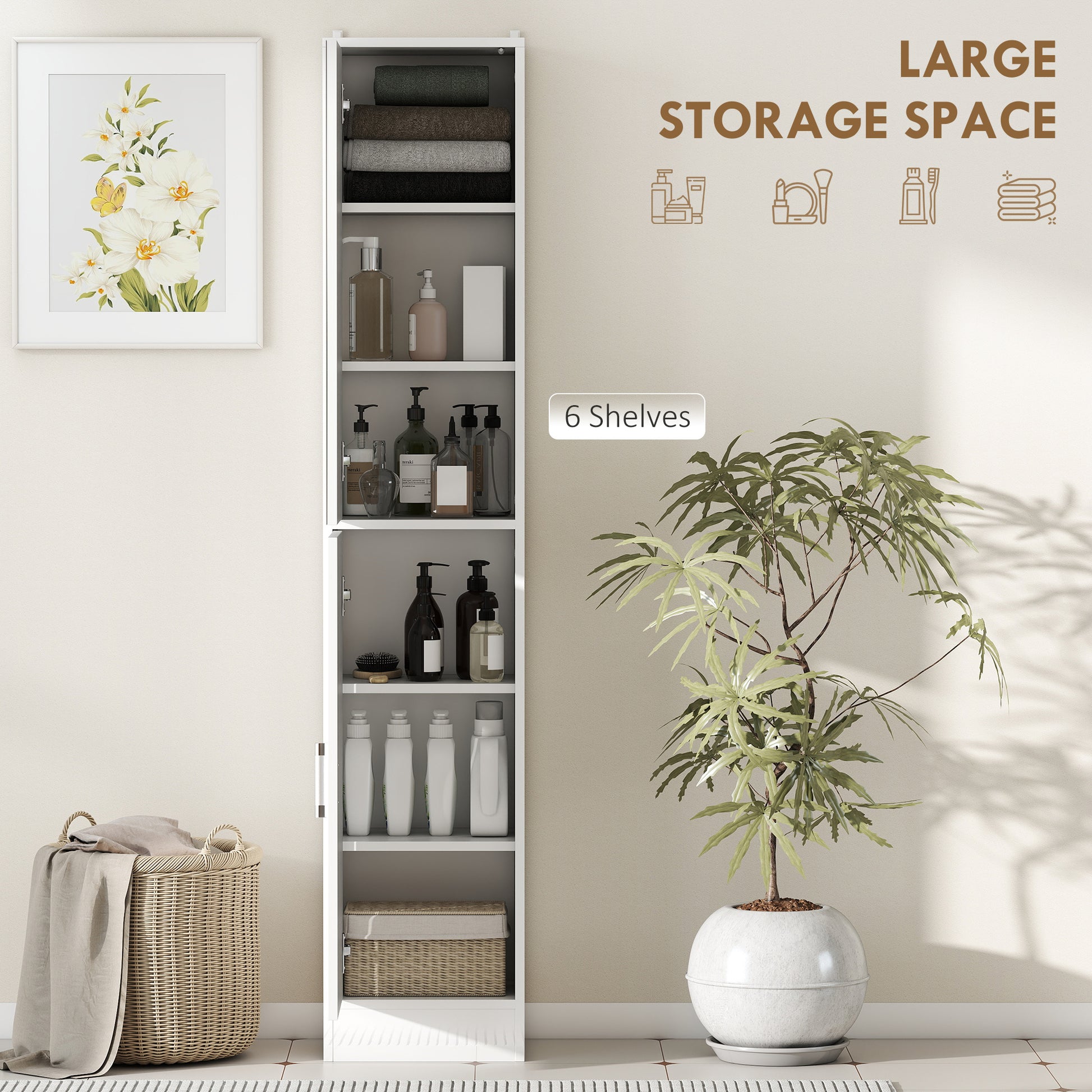 HOMCOM tall white bathroom cabinet with mirror and adjustable shelf, high gloss finish for modern storage.