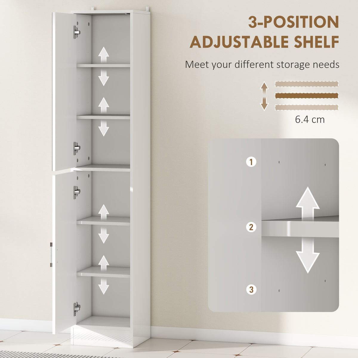HOMCOM Kleankin tall bathroom cabinet with high gloss white finish, mirror, and adjustable shelf for bathroom storage.