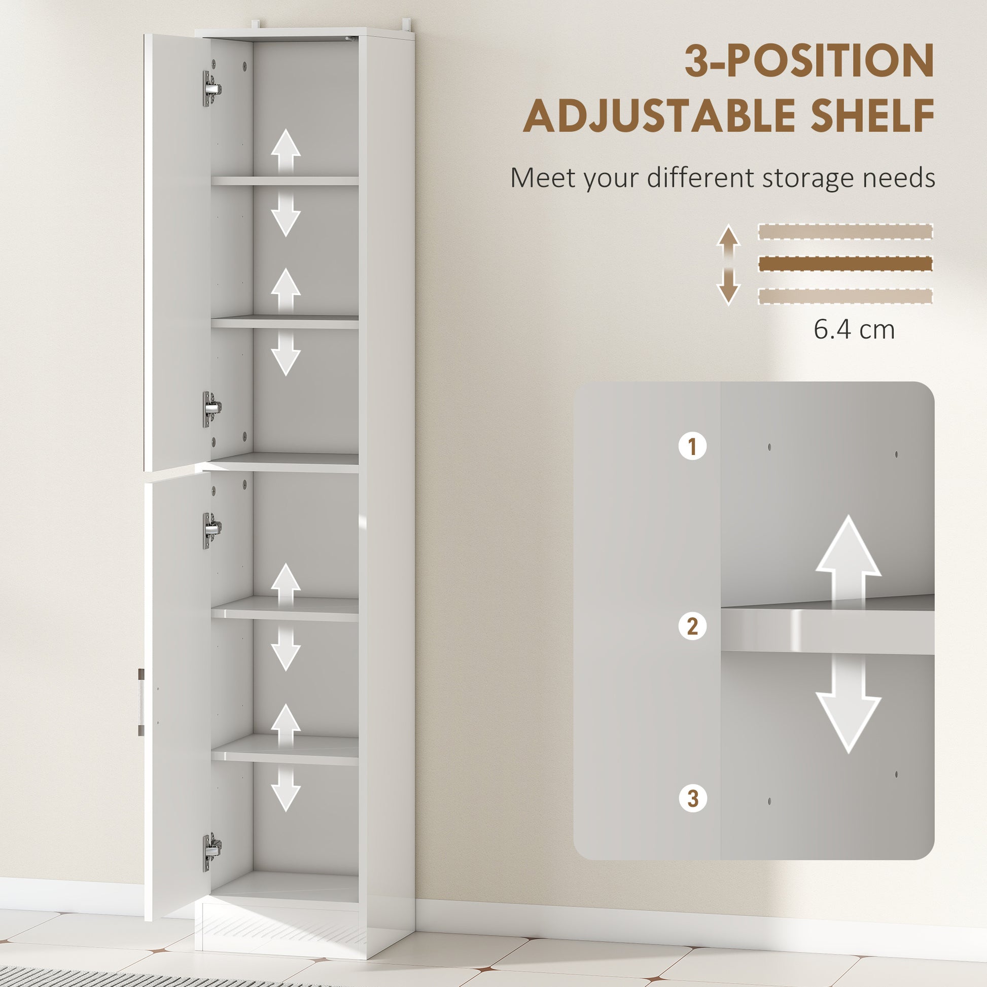 HOMCOM Kleankin tall bathroom cabinet with high gloss white finish, mirror, and adjustable shelf for bathroom storage.