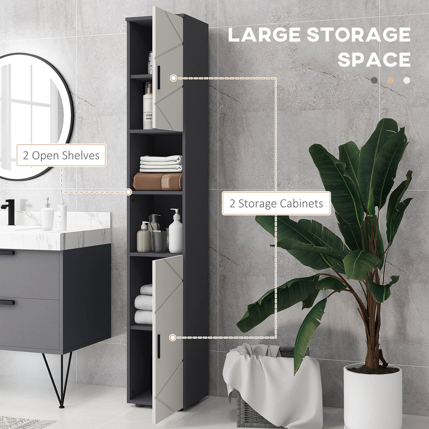 HOMCOM Kleankin tall bathroom storage cabinet in light grey with adjustable shelves, slim freestanding design for bathroom organization.
