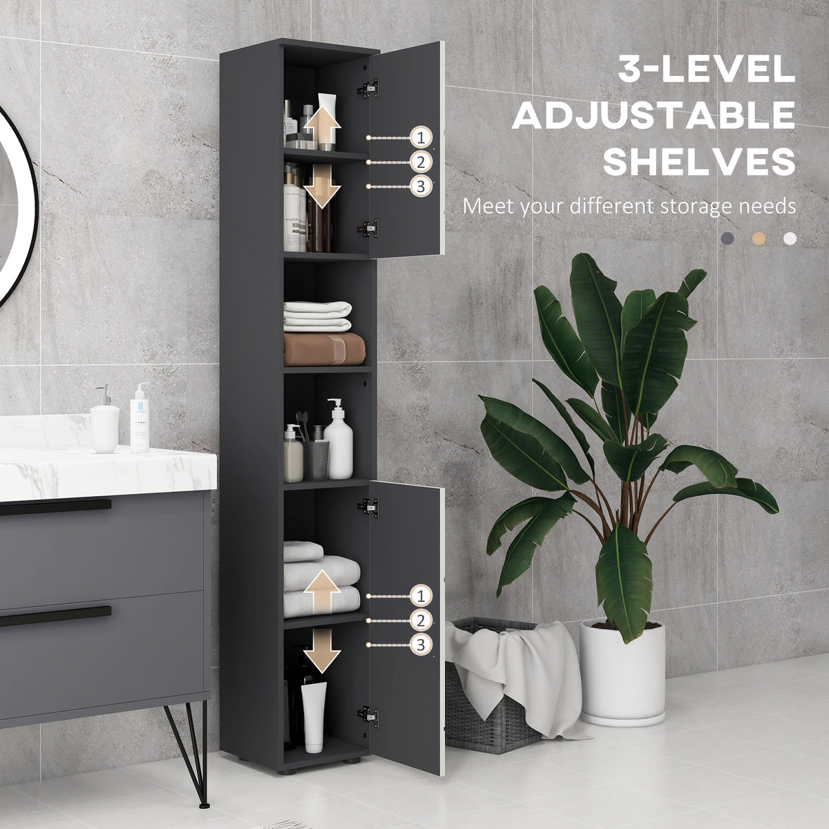 HOMCOM Kleankin tall bathroom storage cabinet in light grey with adjustable shelves, slim freestanding design for bathroom organization.