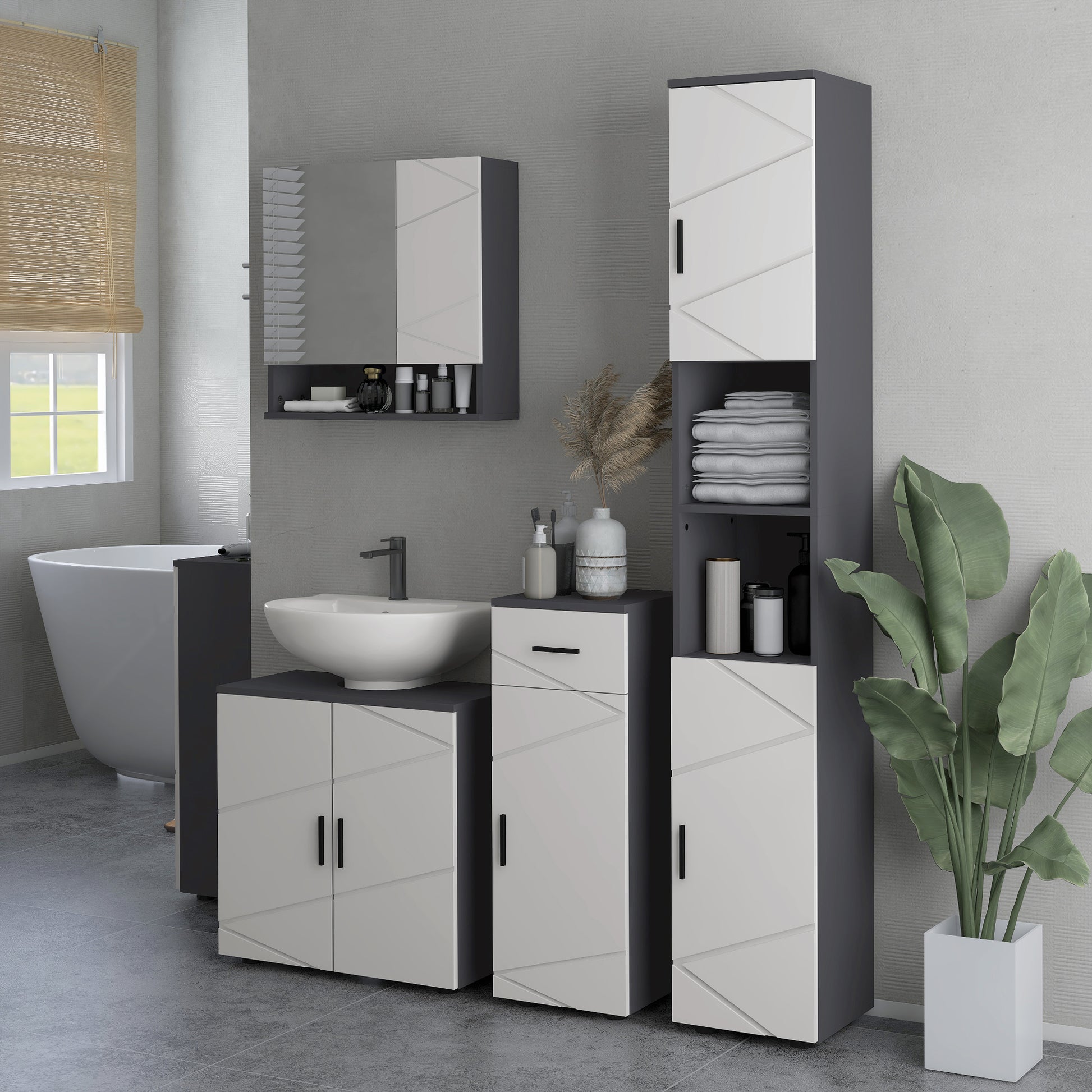 HOMCOM Kleankin under sink bathroom cabinet in light grey with adjustable shelves, slim freestanding vanity storage unit.