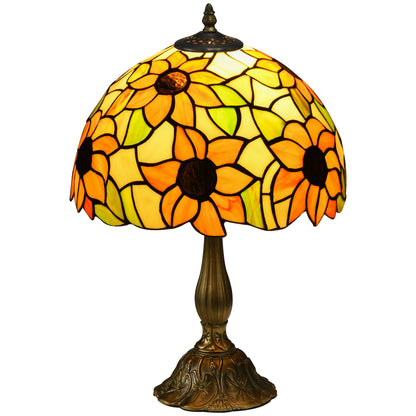HOMCOM handmade stained glass sunflower table lamp with vintage Tiffany style design, orange and yellow floral shade for bedside or decor