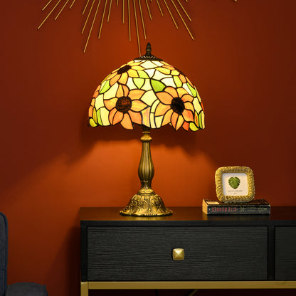 HOMCOM handmade stained glass sunflower table lamp with vintage Tiffany style design, orange floral glass shade on bedside table.