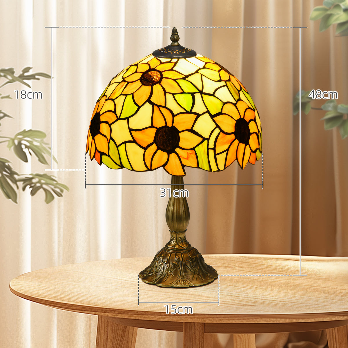 HOMCOM handmade stained glass sunflower table lamp with vintage Tiffany style design, orange floral glass shade, bedside decor light