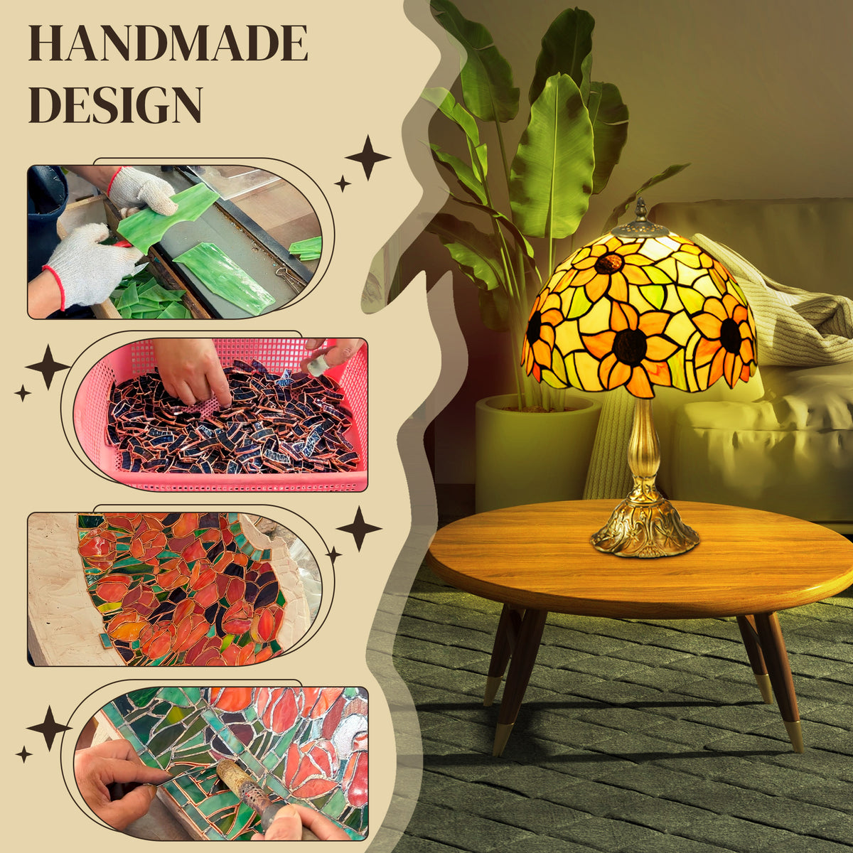 HOMCOM handmade stained glass sunflower table lamp with vintage Tiffany style design, orange glass, ideal for bedside or desk lighting.