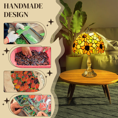 HOMCOM handmade stained glass sunflower table lamp with vintage Tiffany style design, orange glass, ideal for bedside or desk lighting.