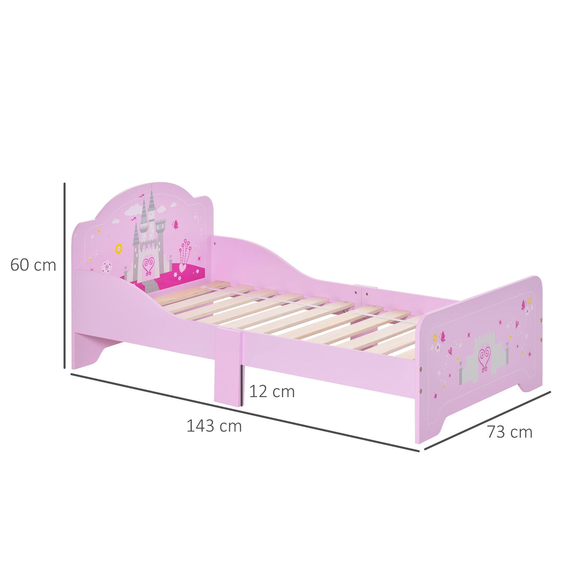 Pink kids bed with princess castle theme, side rails, slats, for ages 3-6, HOMCOM home furniture, dimensions 143x73x60 cm.