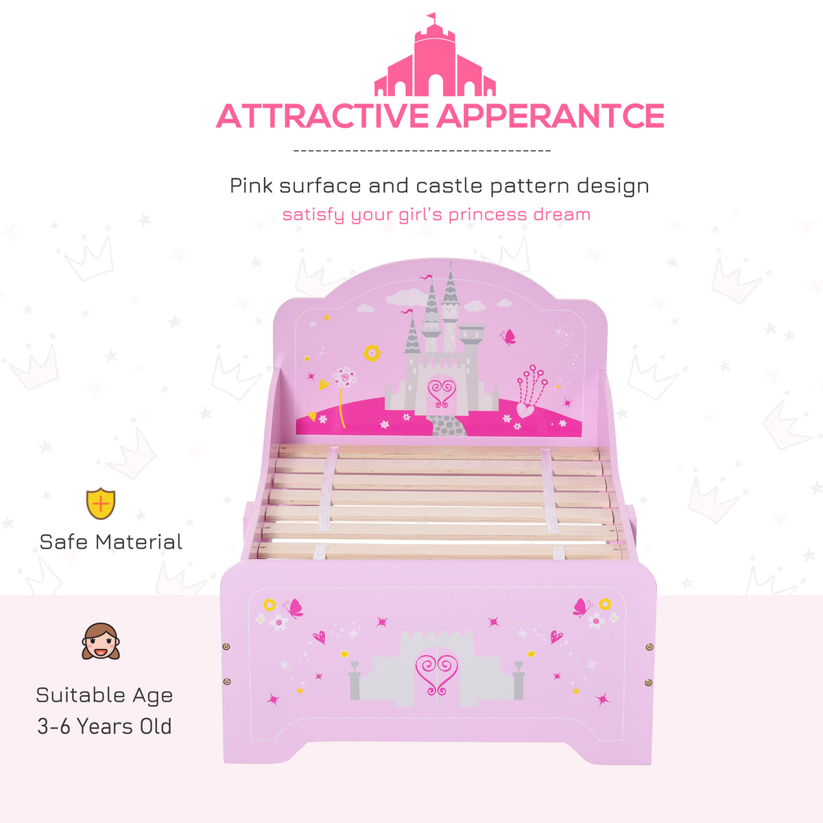 Pink kids bed with princess castle theme, side rails, slats, suitable for ages 3-6, HOMCOM home furniture, 143x73x60 cm.