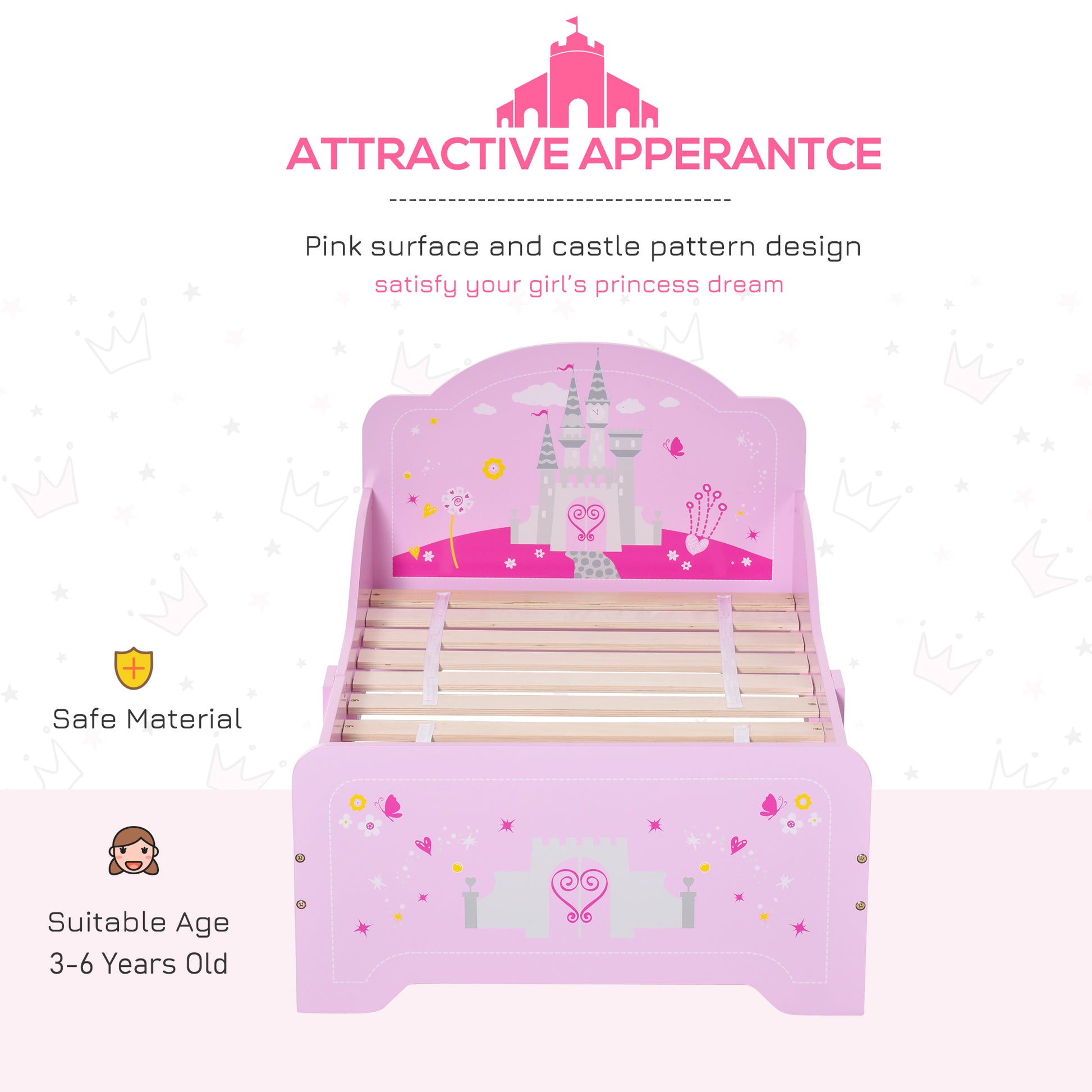 Pink kids bed with princess castle theme, side rails, slats, suitable for ages 3-6, HOMCOM home furniture, 143x73x60 cm.