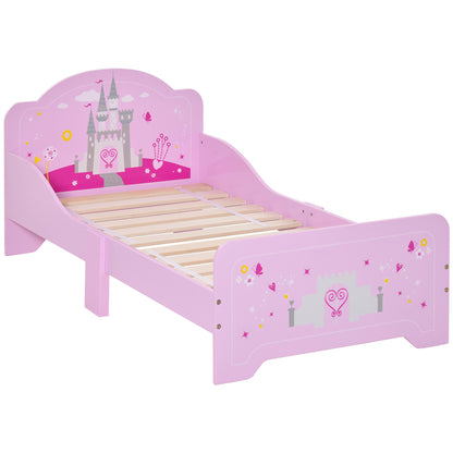 Pink kids bed with princess castle theme, side rails, and slats, designed for children aged 3-6, measuring 143x73x60 cm, by HOMCOM.