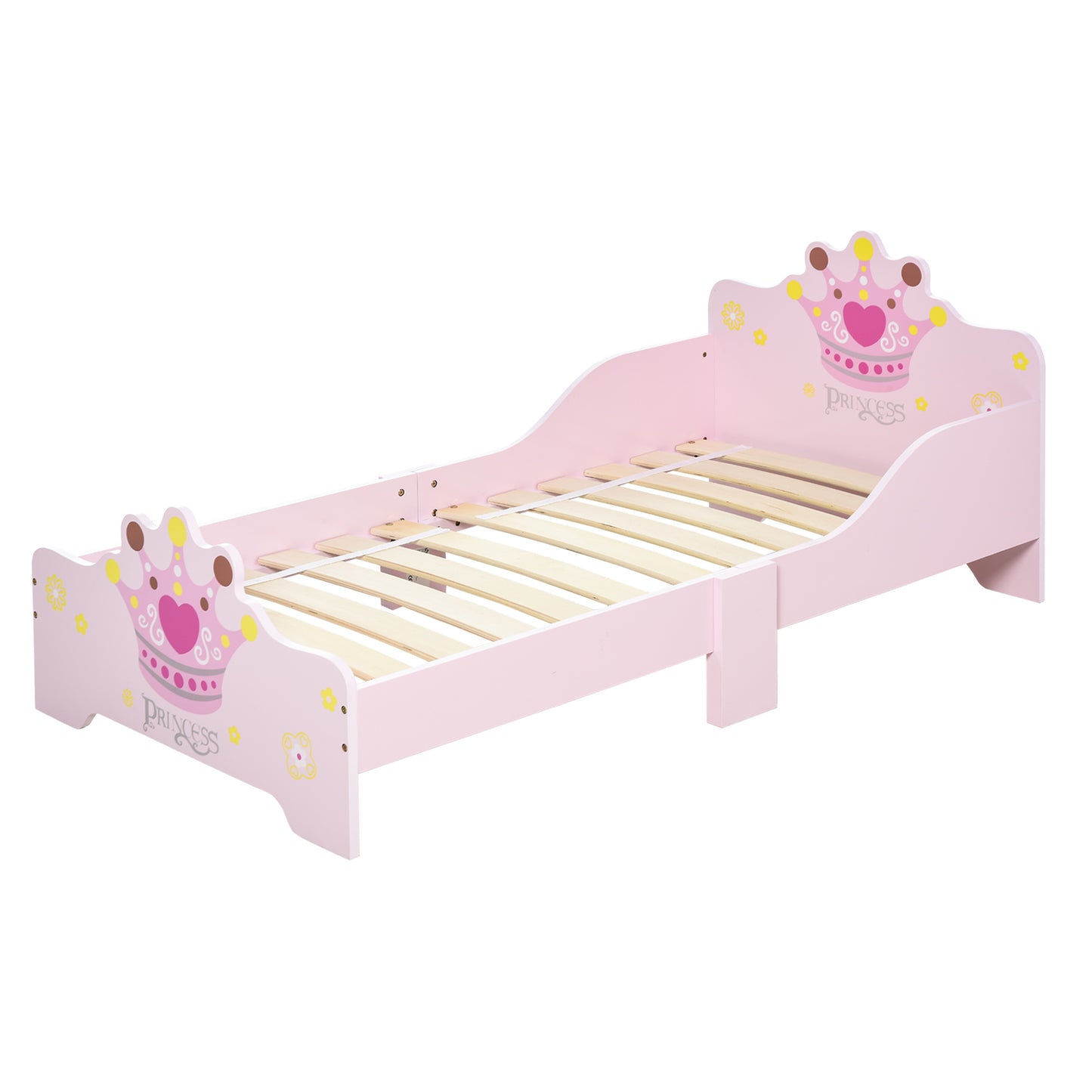 Pink kids toddler bed with princess crown theme, safety side rails, slats, ideal for boys and girls aged 3-6 years.