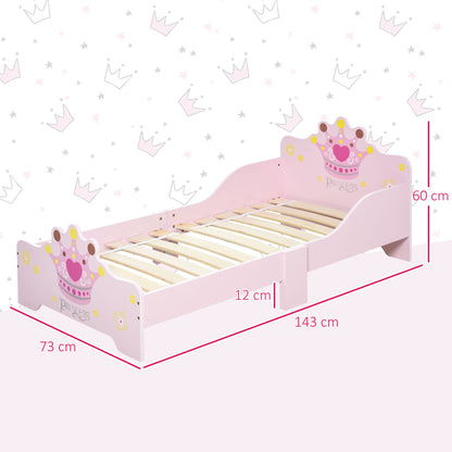 Pink kids toddler bed with princess crown theme, safety side rails, and slats, suitable for boys and girls aged 3-6 years.