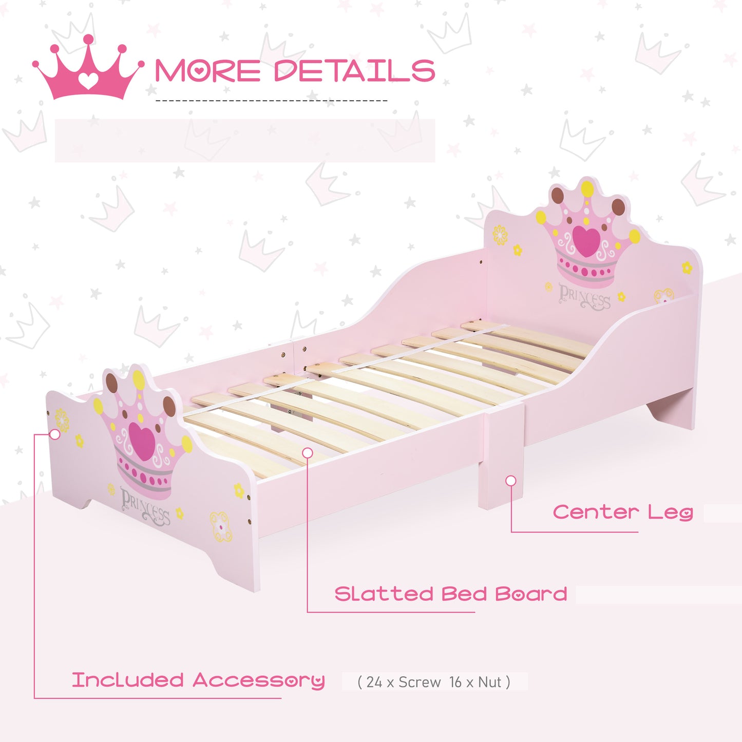 Pink HOMCOM kids toddler bed with princess crown theme, safety side rails, suitable for boys and girls aged 3-6 years, 143x73x60 cm.