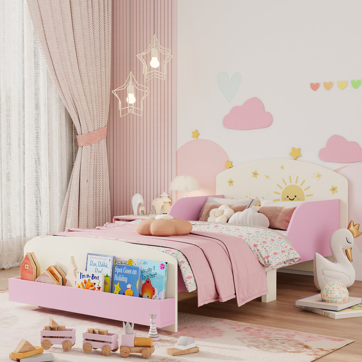 Pink kids' toddler bed with lion design, safety guardrails and storage, suitable for ages 3-8, HOMCOM brand, 140x70cm.