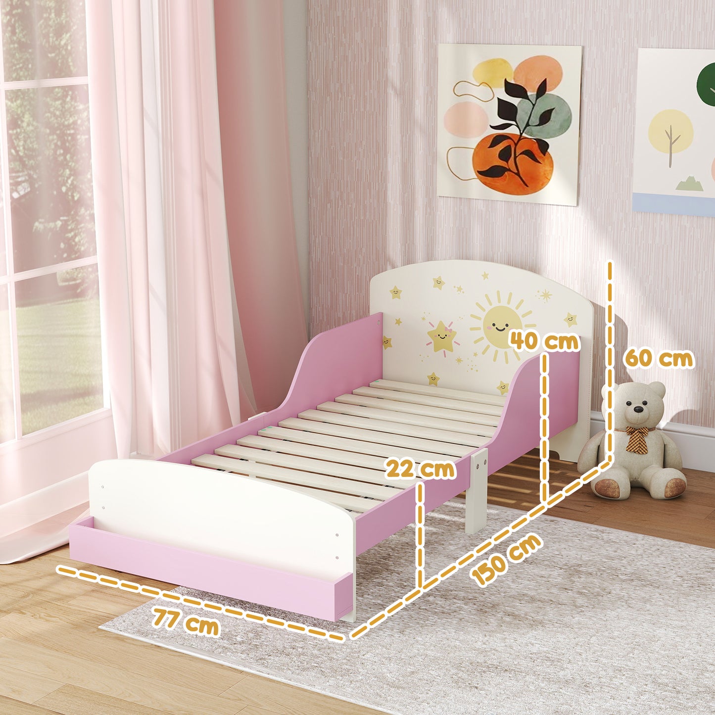 Pink kids toddler bed with lion design, safety guardrails, storage drawers, suitable for ages 3-8, HOMCOM brand, 140x70cm size.