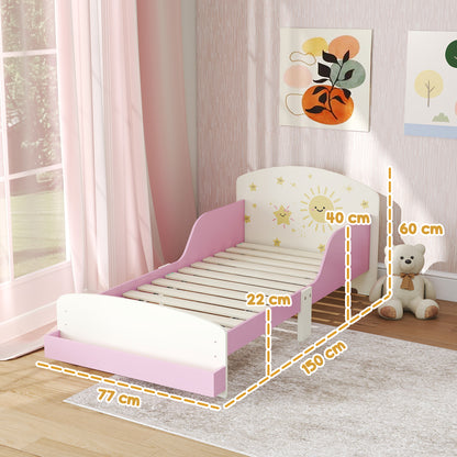 Pink kids toddler bed with lion design, safety guardrails, storage drawers, suitable for ages 3-8, HOMCOM brand, 140x70cm size.