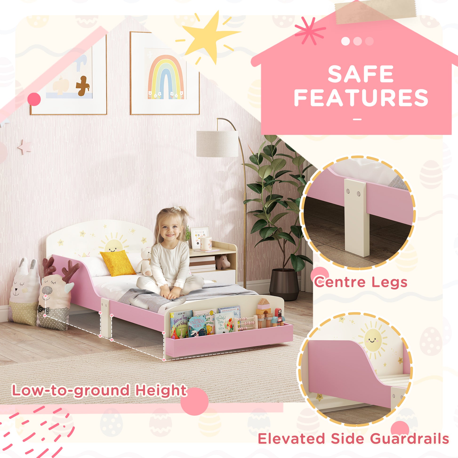 Pink kids toddler bed with lion design, safety guardrails, storage drawers, suitable for ages 3-8, HOMCOM brand, 140x70cm.