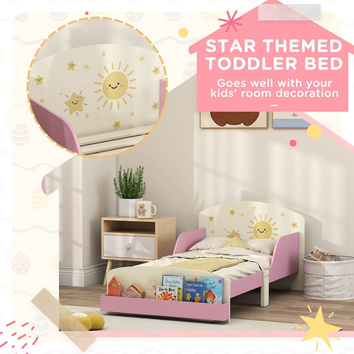 Pink toddler bed with lion design, safety guardrails, storage drawers, suitable for ages 3-8, HOMCOM brand, 140x70cm size.