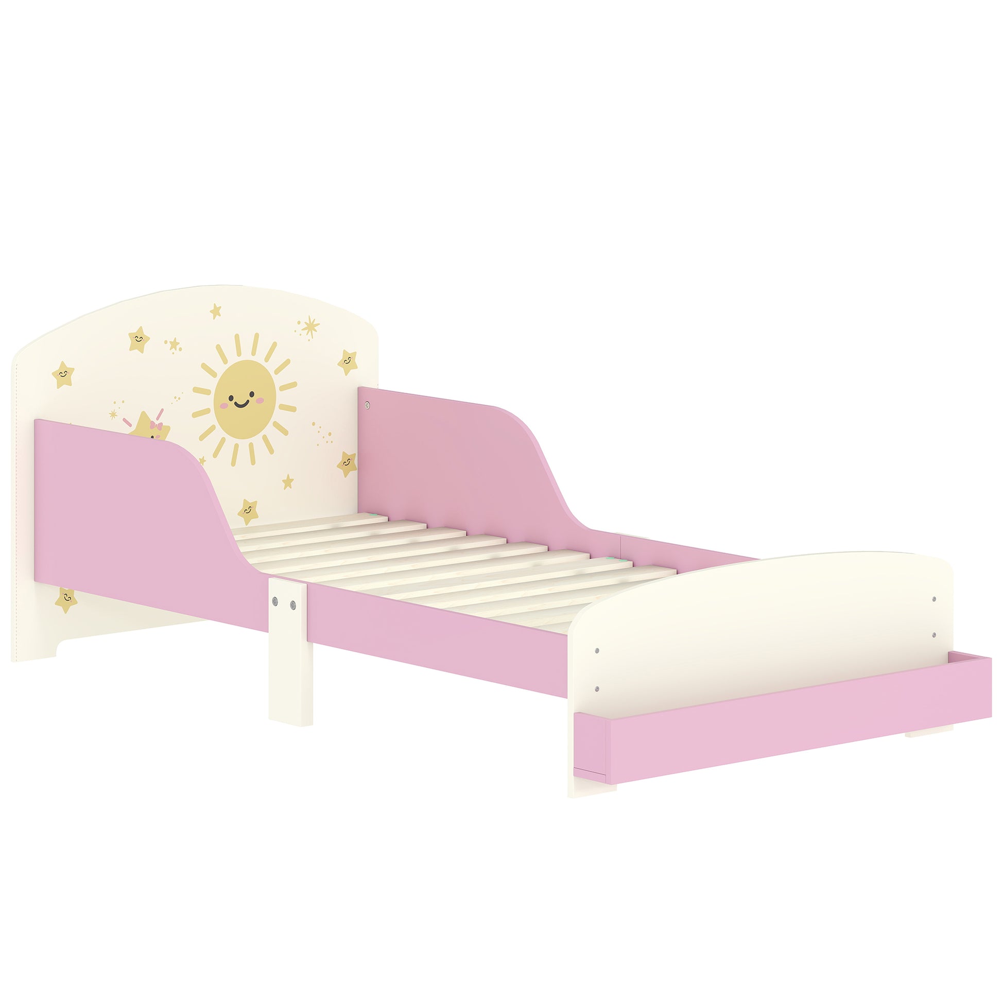 Pink HOMCOM kids toddler bed with lion design, safety guardrails, storage drawers, for ages 3-8, 140x70cm.