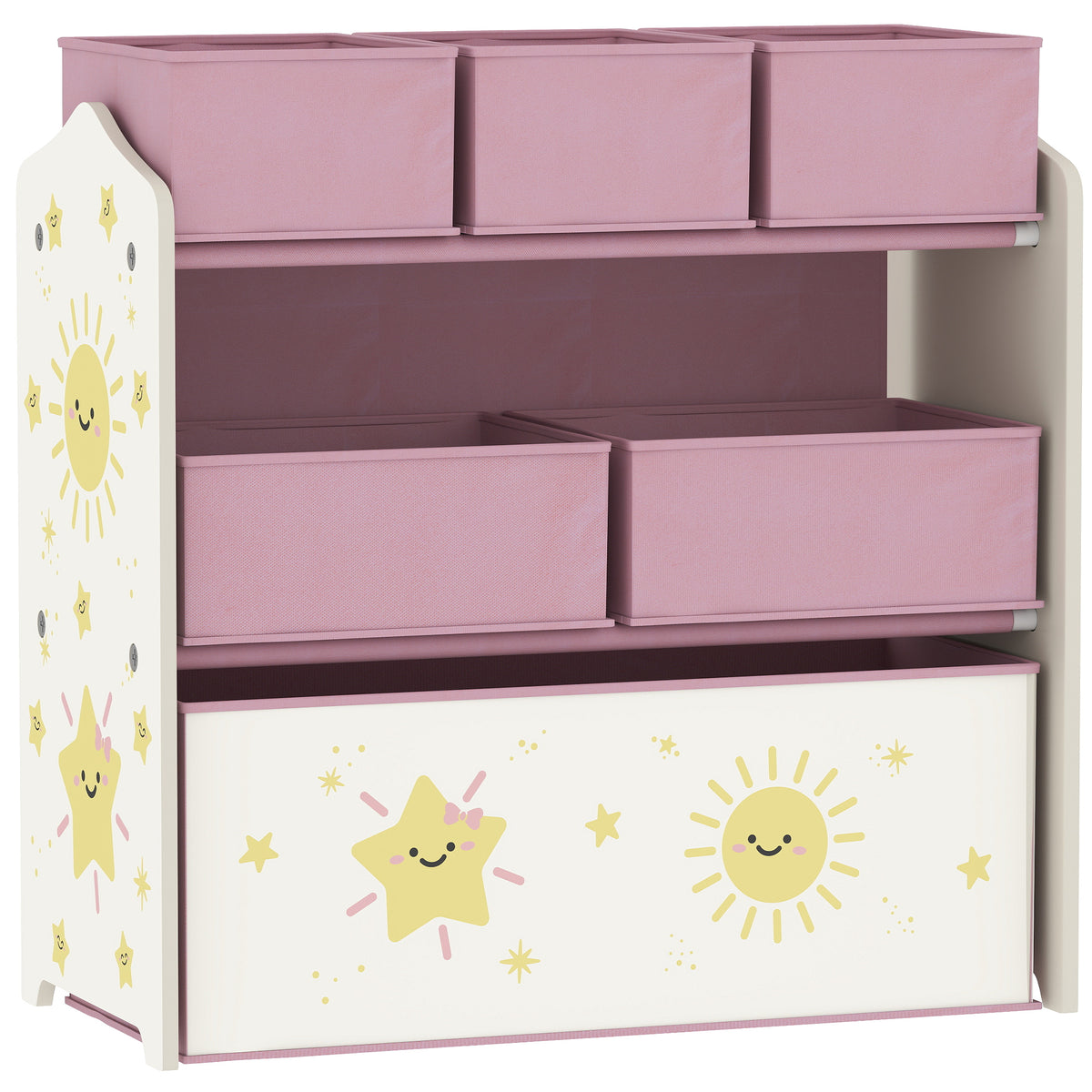 Pink HOMCOM 3-tier kids toy storage unit with six removable boxes, ideal for bedroom or playroom organization.